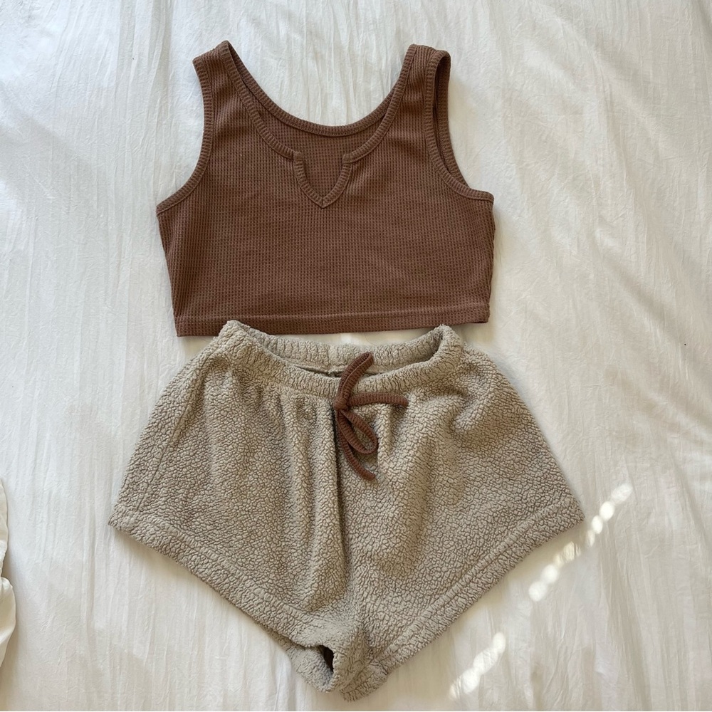 Chic Brown Crop Top and Cozy Tan Shorts Set